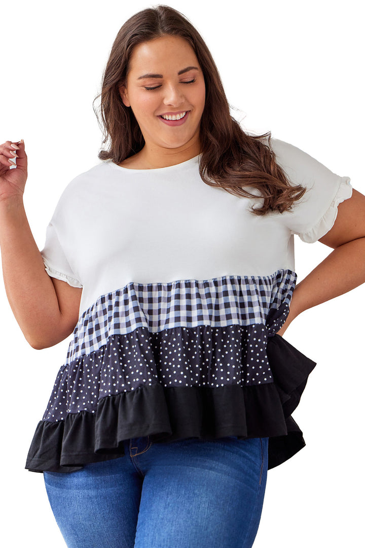 White Plaid Dot Ruffled Plus Size Babydoll Top