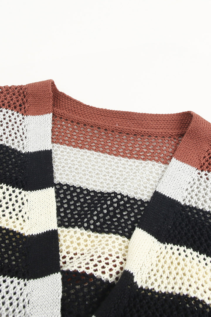 Black Striped Color Block Hollowed Knit Cardigan