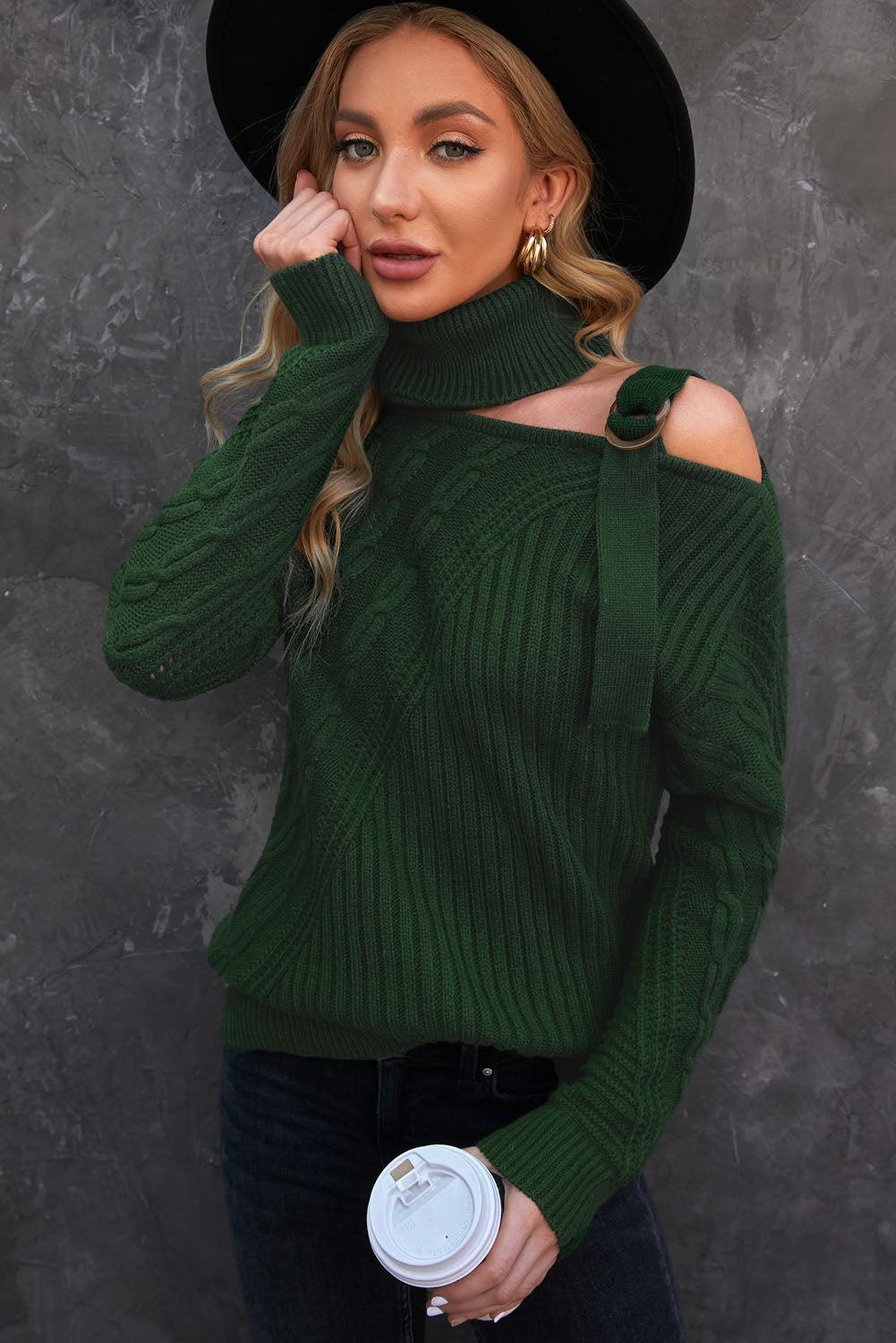 Green Strapped Cut out Shoulder Turtleneck Sweater