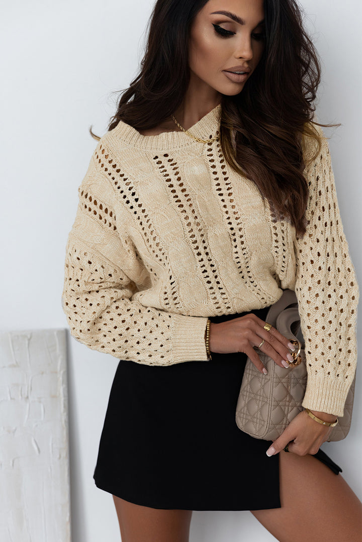 Khaki Eyelets Cable Knit Drop Shoulder Sweater