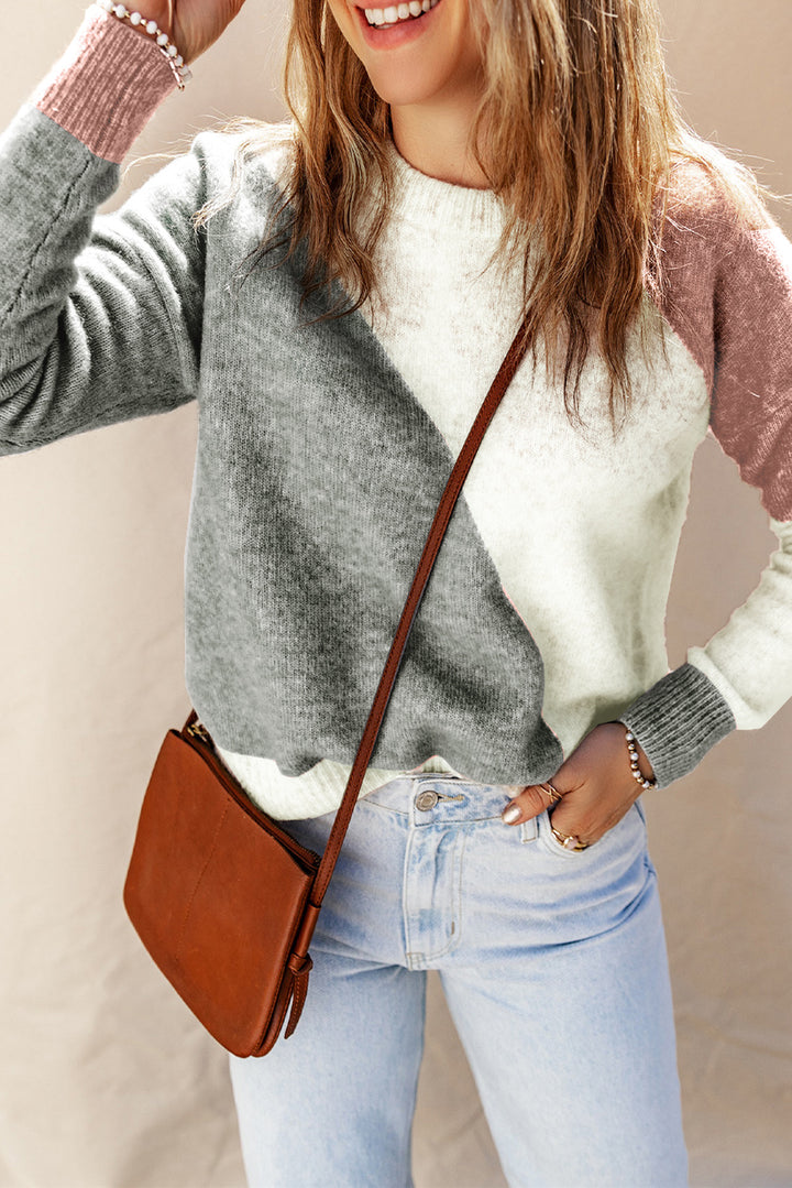 Gray Colorblock Ribbed Trim Round Neck Sweater