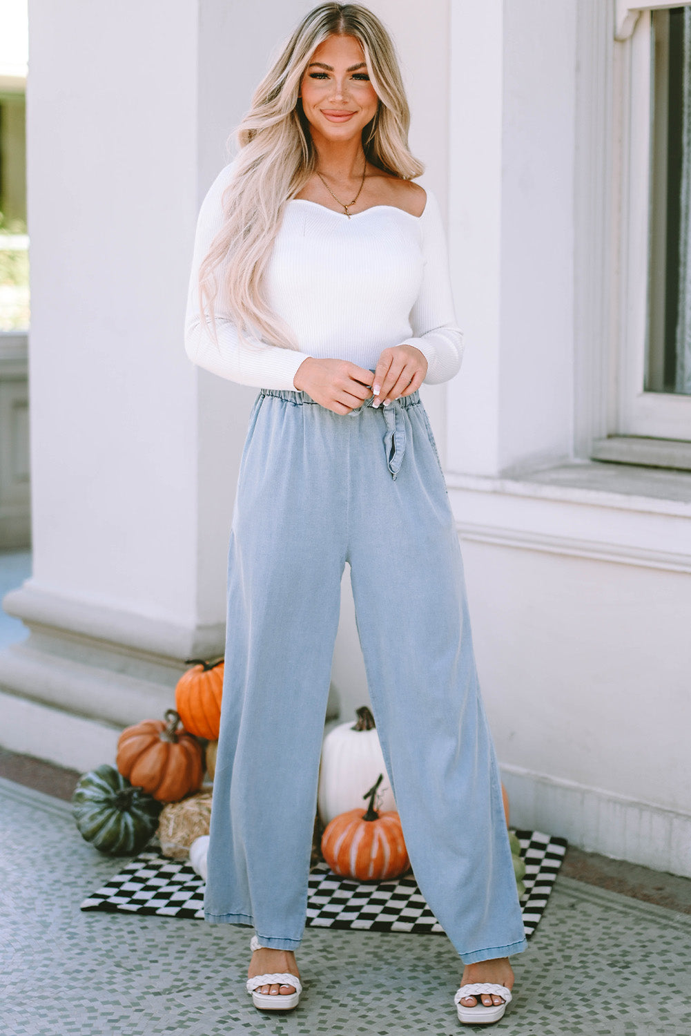 Sky Blue High Waist Pocketed Wide Leg Tencel Jeans