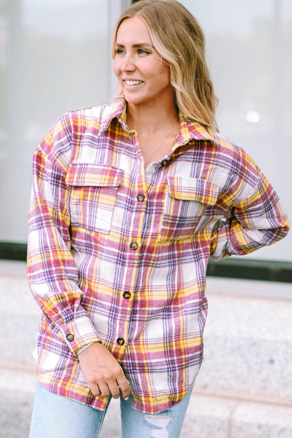 Red Plaid Print Rounded Hem Shirt Jacket