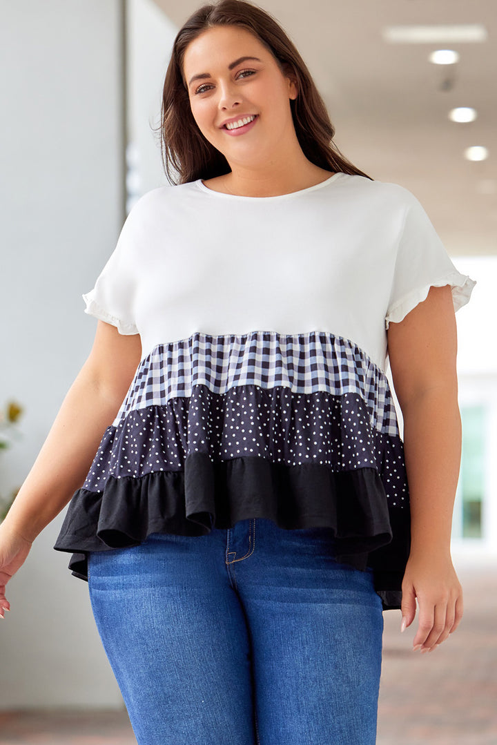 White Plaid Dot Ruffled Plus Size Babydoll Top