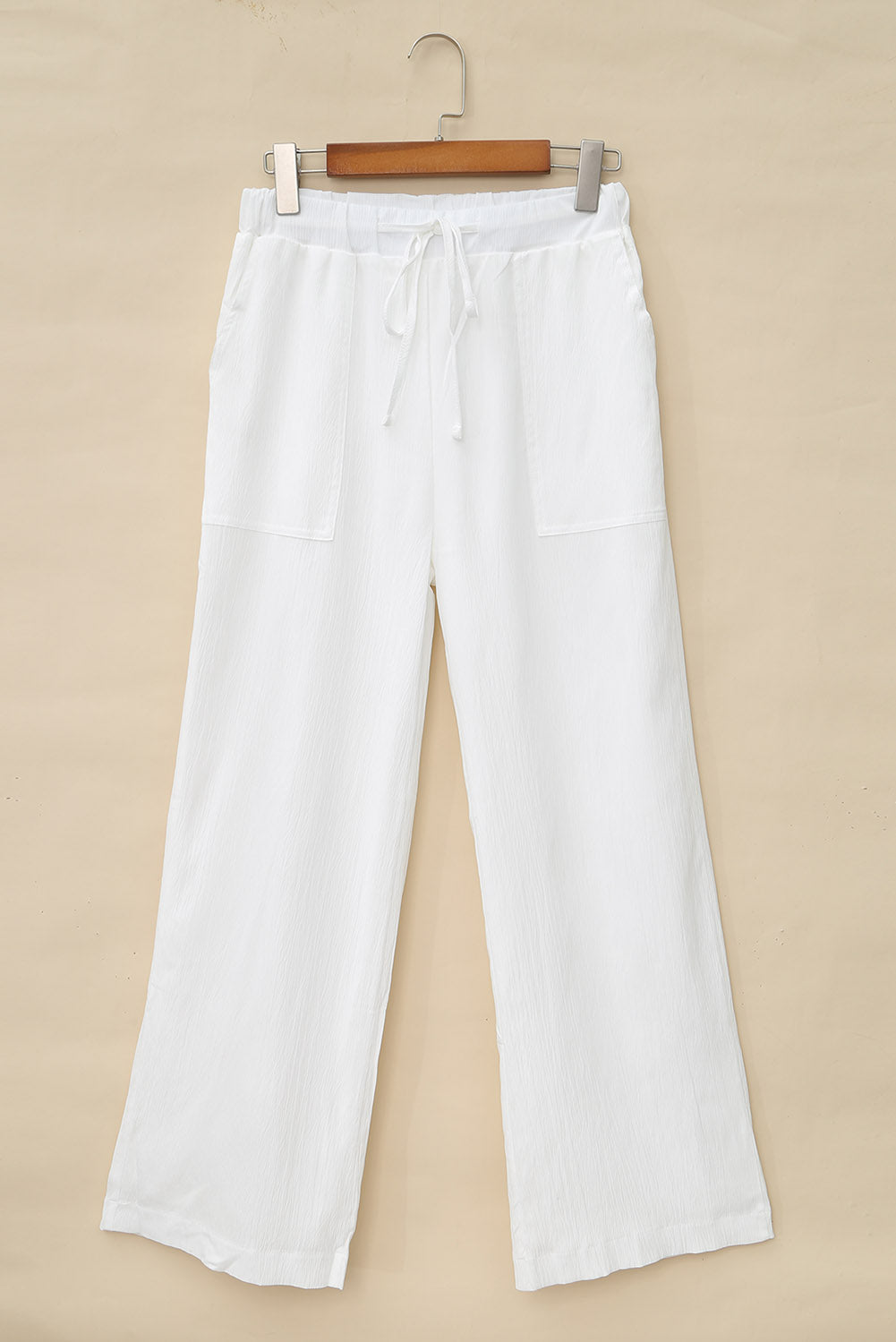 White Drawstring Waist Crinkled Wide Leg Pants