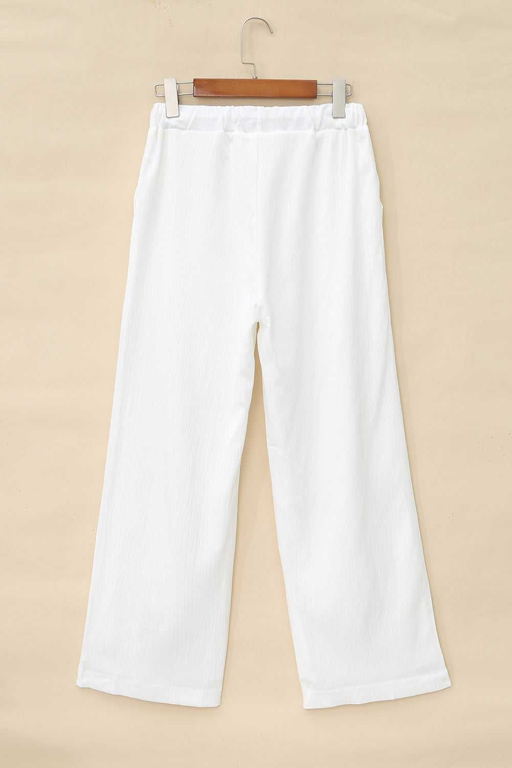 White Drawstring Waist Crinkled Wide Leg Pants