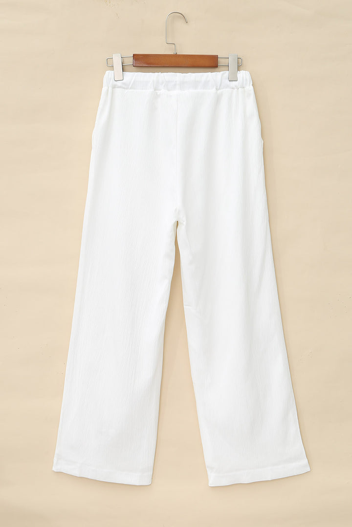 White Drawstring Waist Crinkled Wide Leg Pants