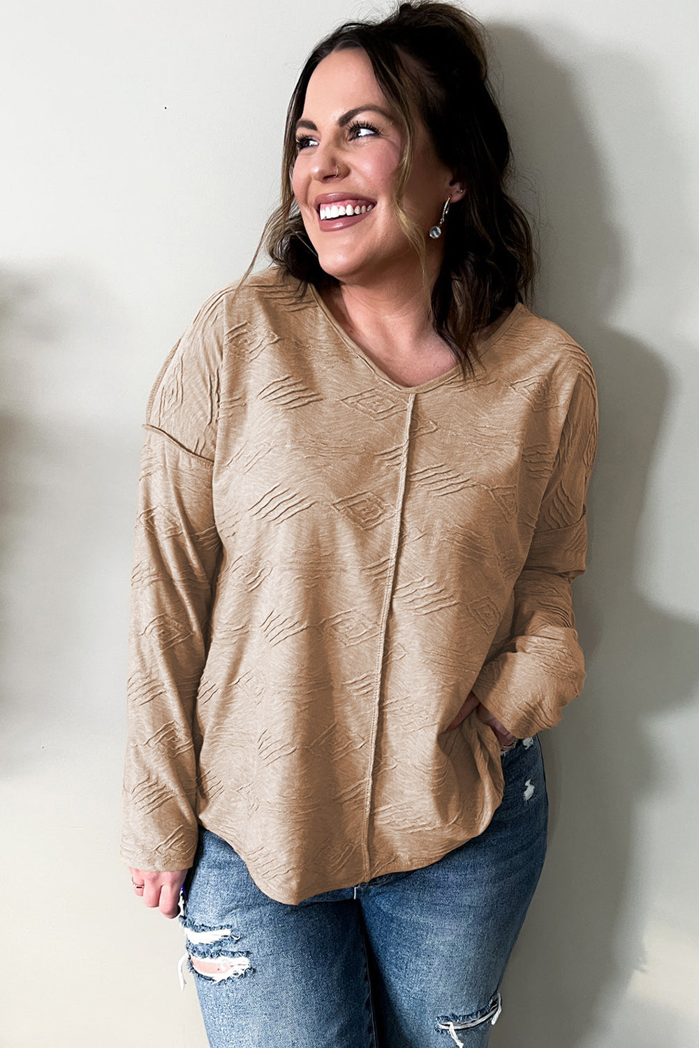 Khaki Plus Size Textured Drop Shoulder Exposed Seam Top