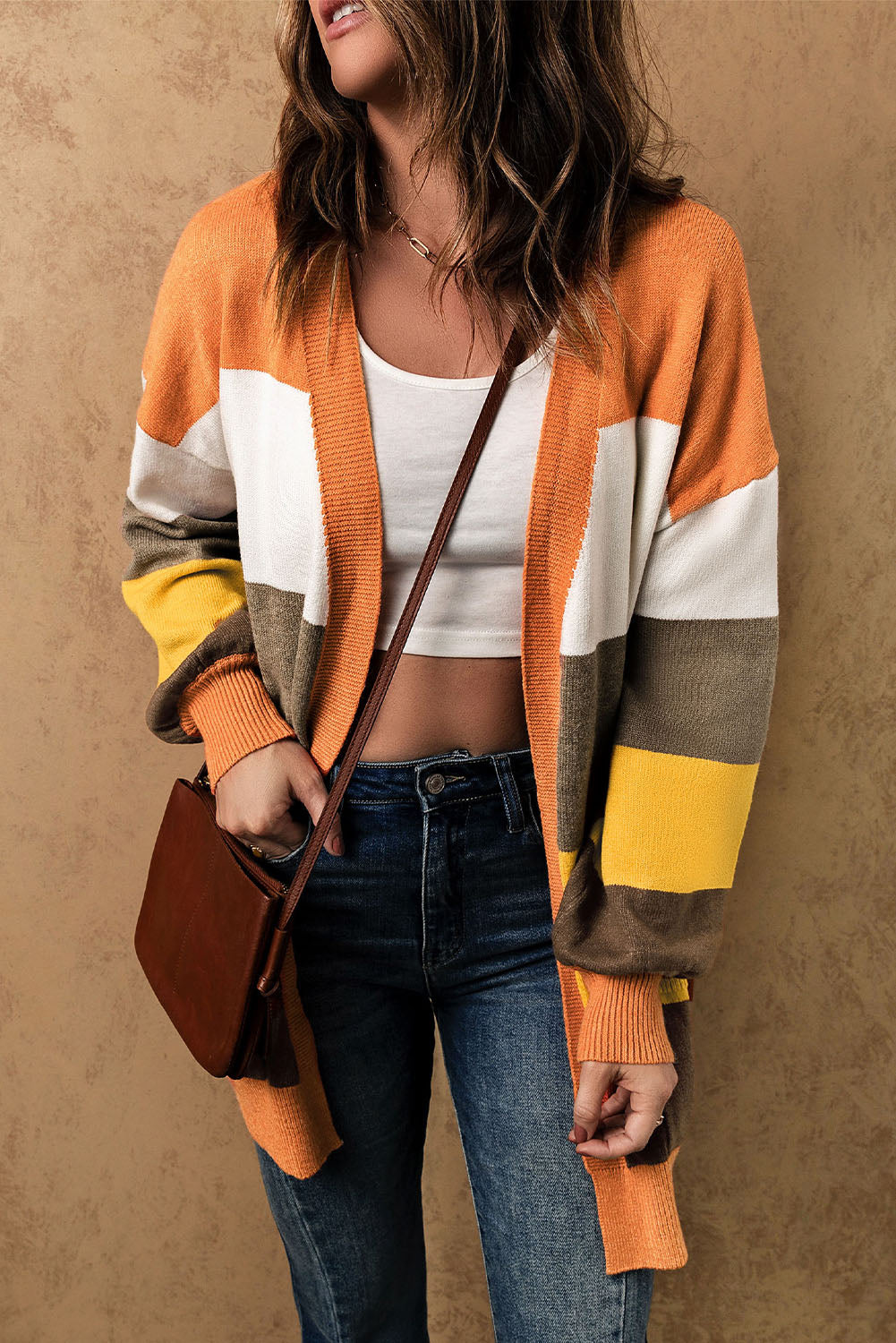 Open Front Pocketed Colorblock Cardigan