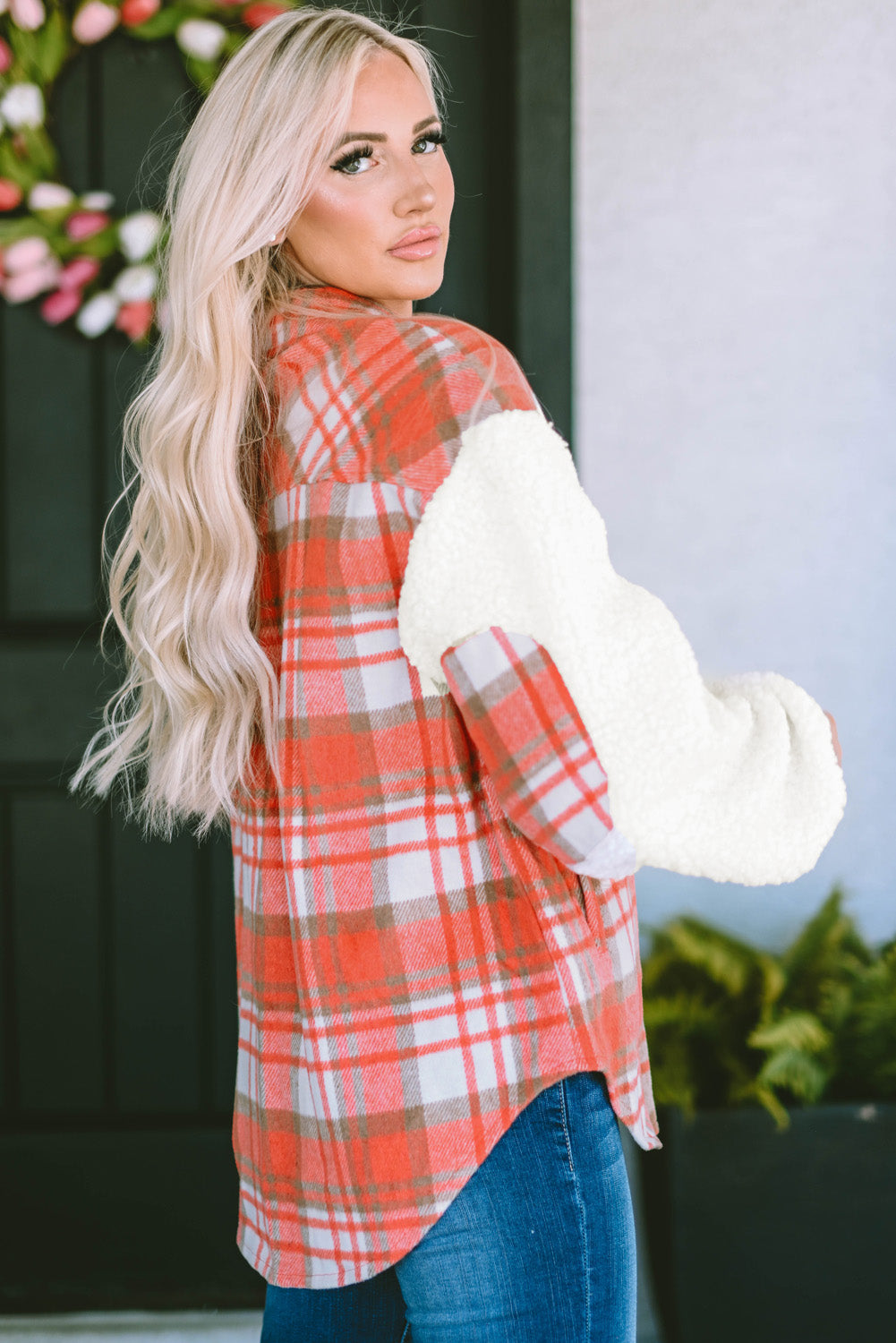 Red Sherpa Sleeve Plaid Print Shacket