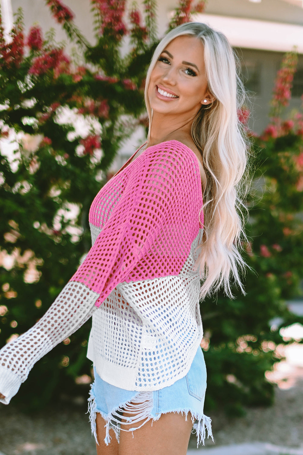 Pink Color Block Eyelet Long Sleeve Twisted Back Knit Top