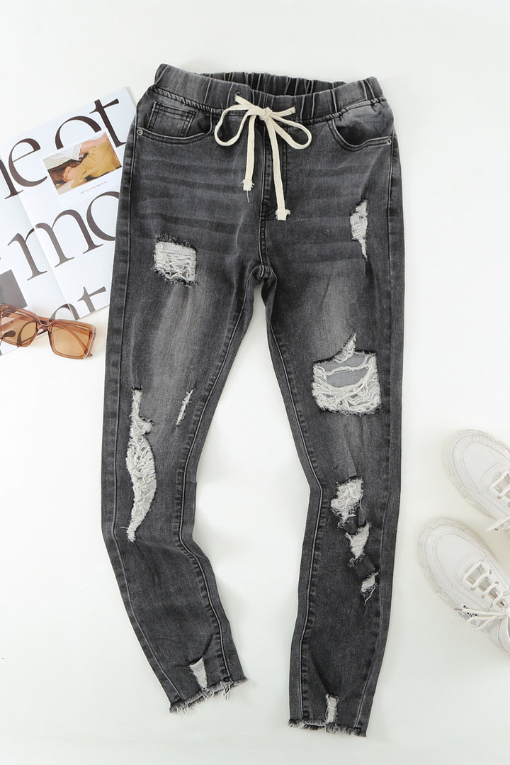 Gray Drawstring Elastic Waist Hole Ripped Jeans