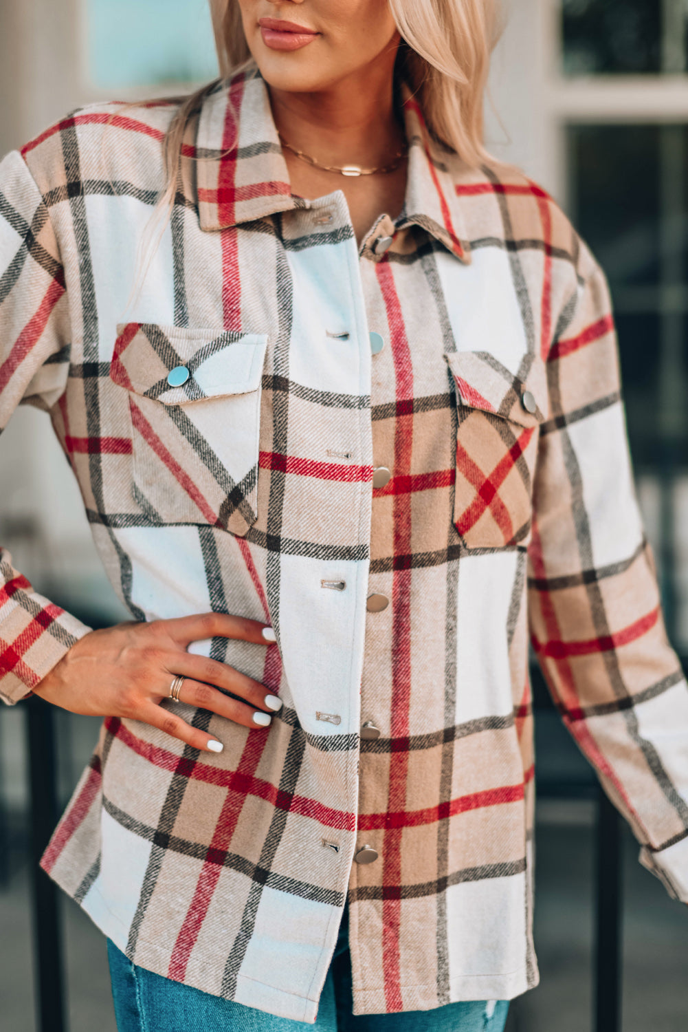 Khaki Plaid Print Buttoned Shirt Coat with Pocket