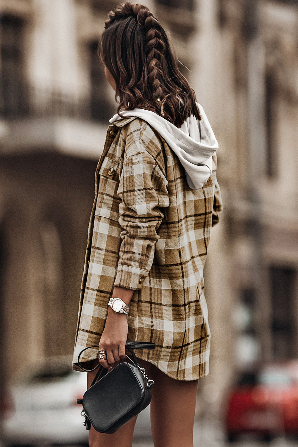 Khaki Plaid Shirt Hooded Jacket