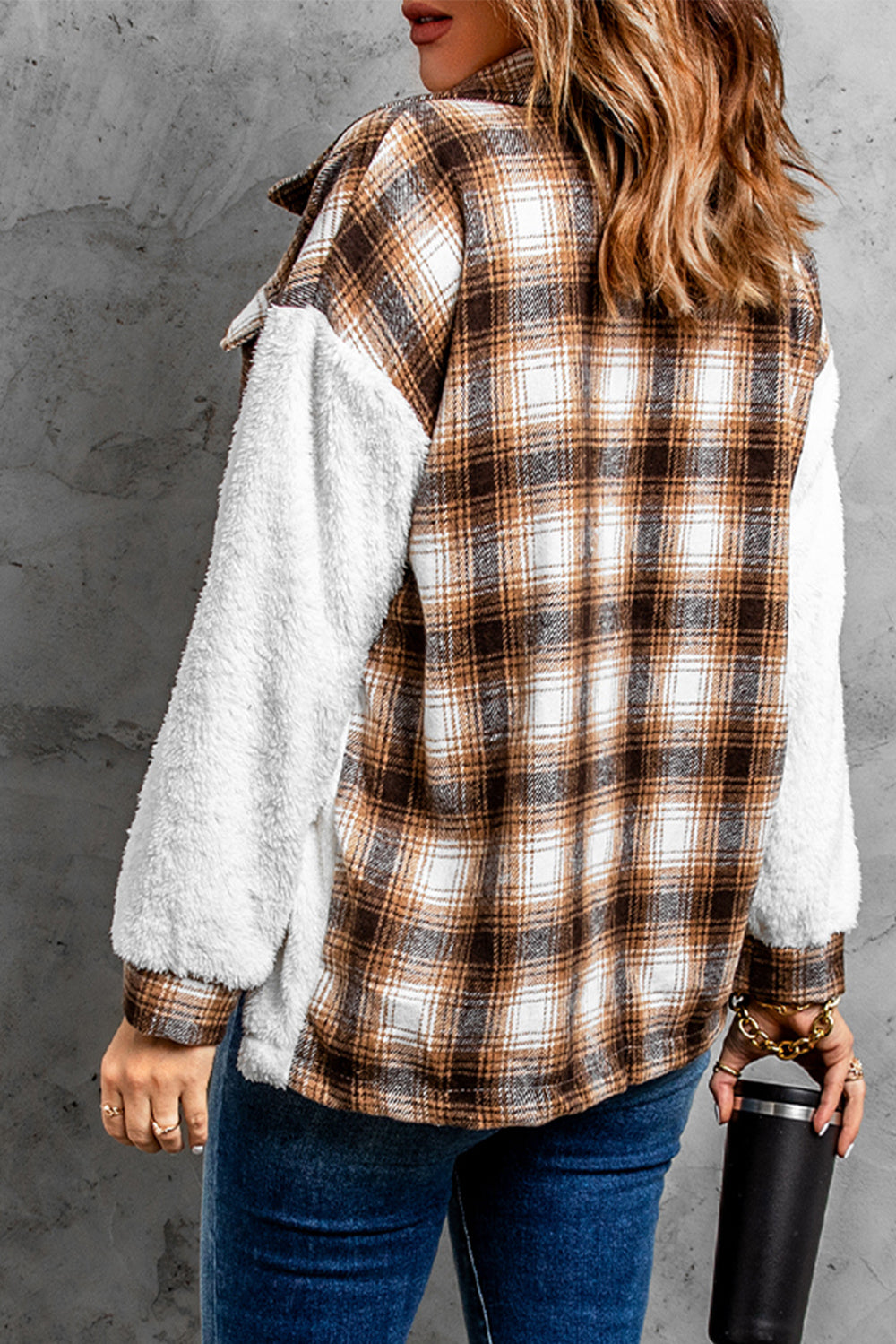 Brown Plaid Patchwork Buttoned Pocket Sherpa Jacket