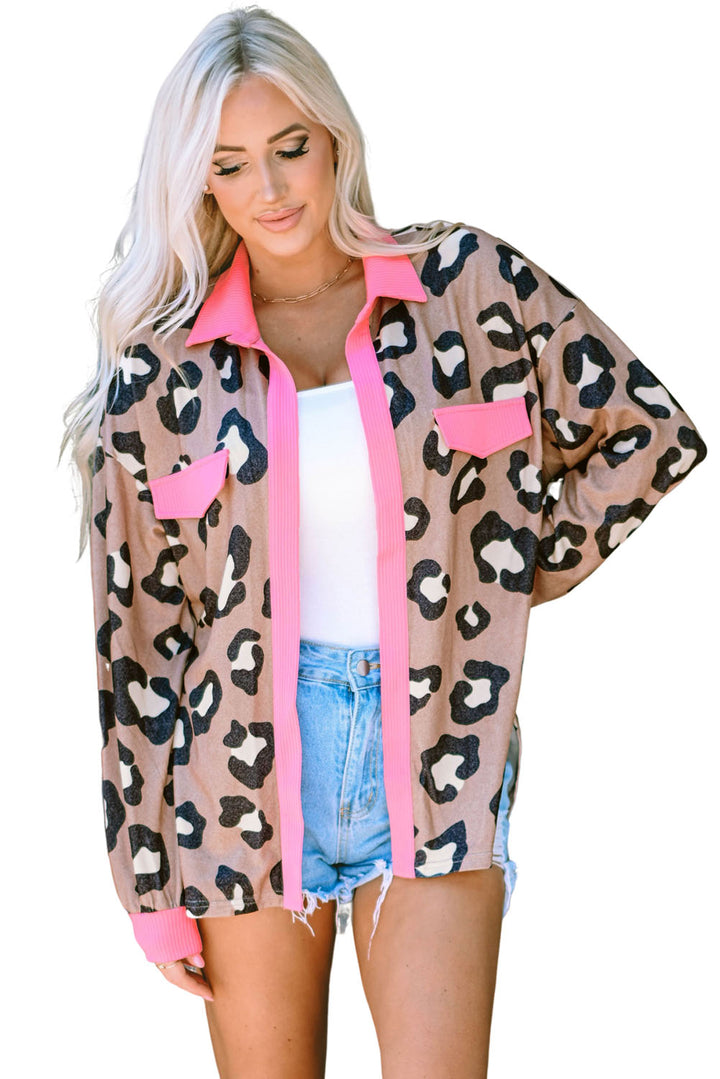 Leopard Ribbed Contrasting Trim Collared Jacket