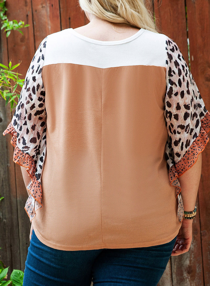 Khaki Waffle Knit Animal Print Ruffle Sleeves Plus Size Top