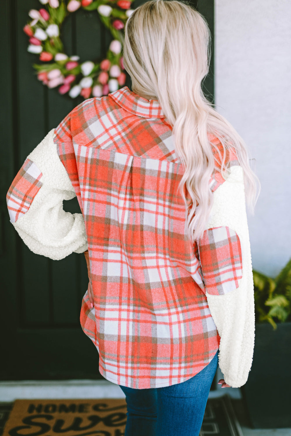 Red Sherpa Sleeve Plaid Print Shacket