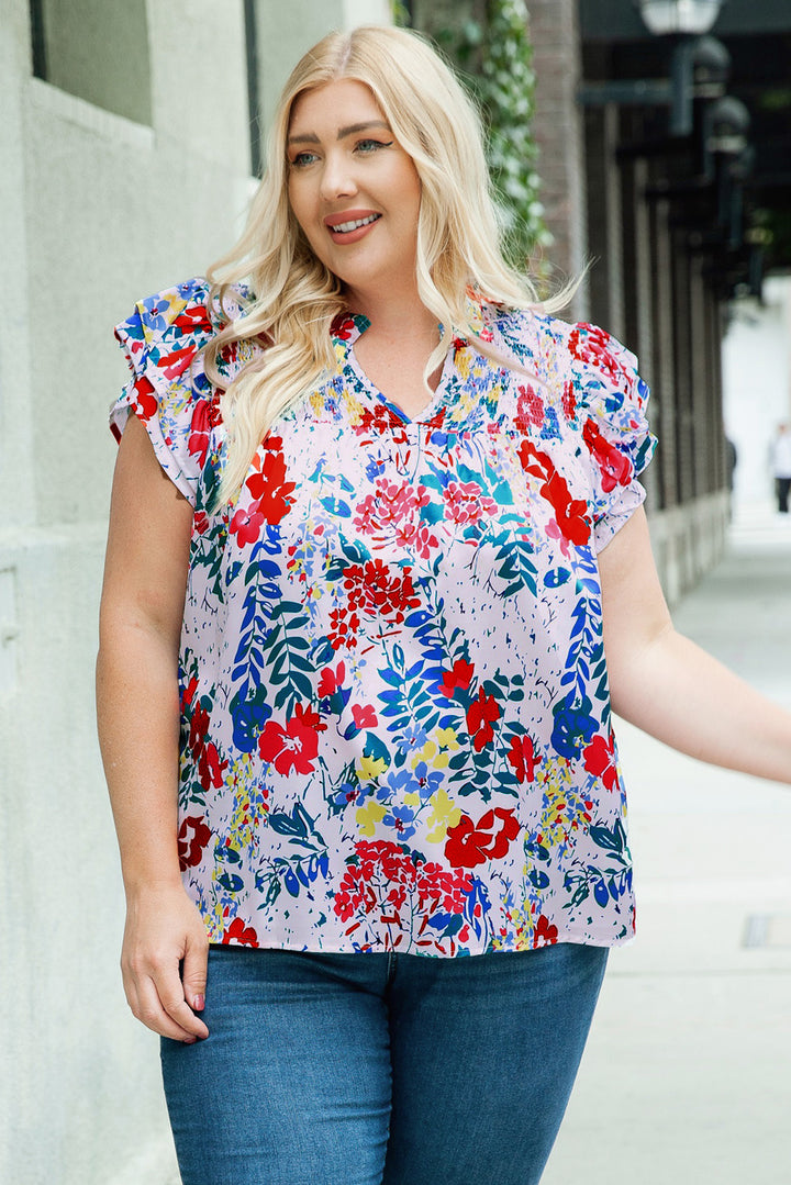 Red Plus Floral Print Ruffle Cap Sleeve V Neck Blouse