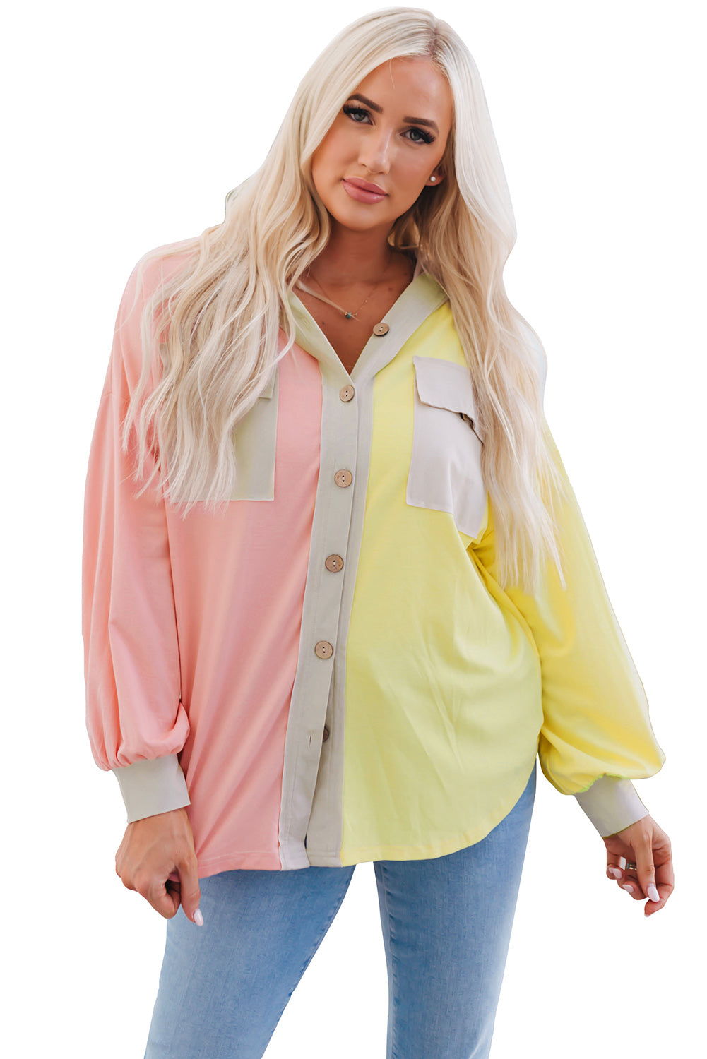 Multicolor Color Block Pocketed Button Down Shirt Jacket with Hood