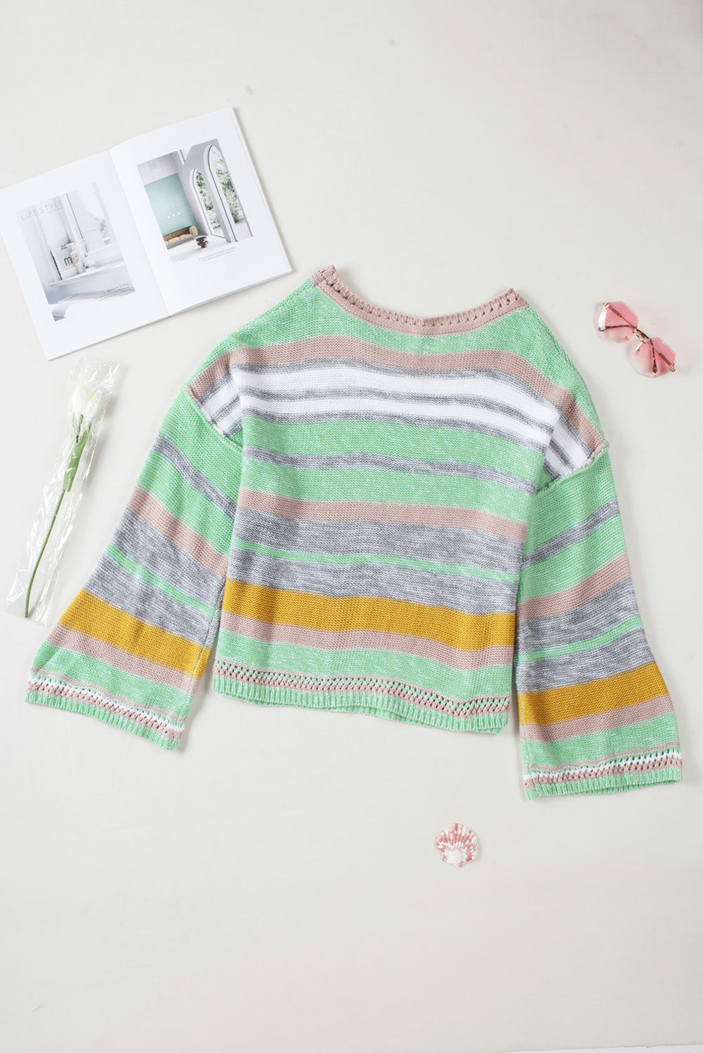 Green Striped Bell Sleeves Loose Sweater