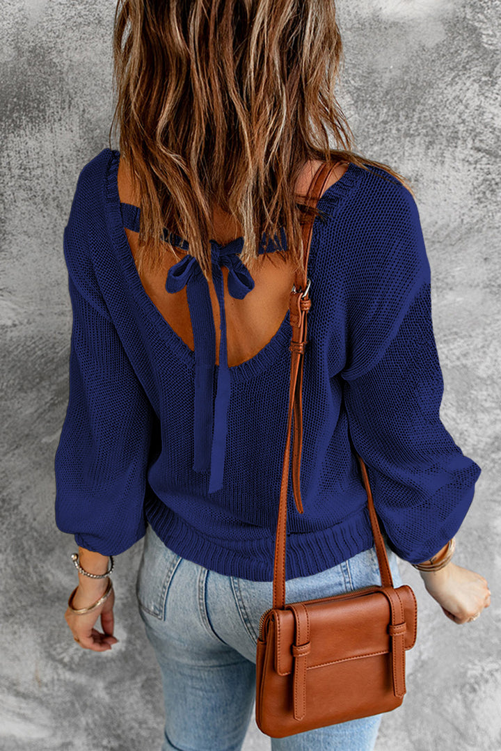 Blue Drop Shoulder Back Cut-out Sweater with Tie