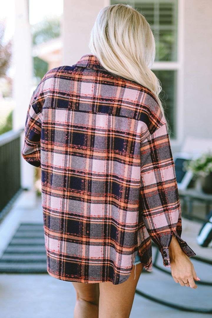 Blue Oversized Flap Pockets Plaid Shacket with Slits