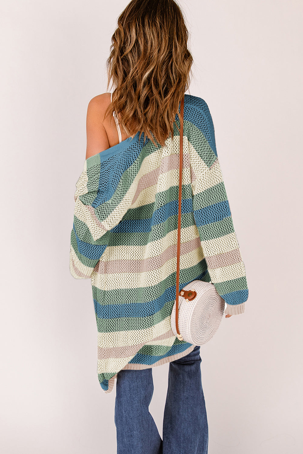 Green Striped Color Block Hollowed Knit Cardigan