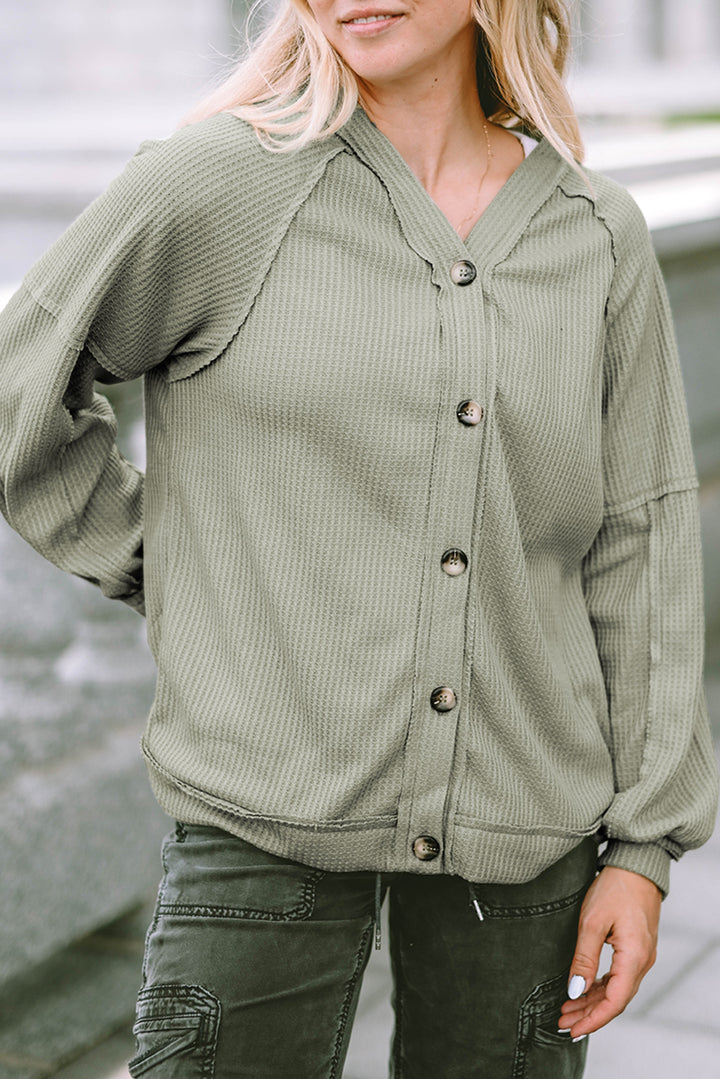 Green Exposed Seam Buttons Front Waffle Knit Cardigan