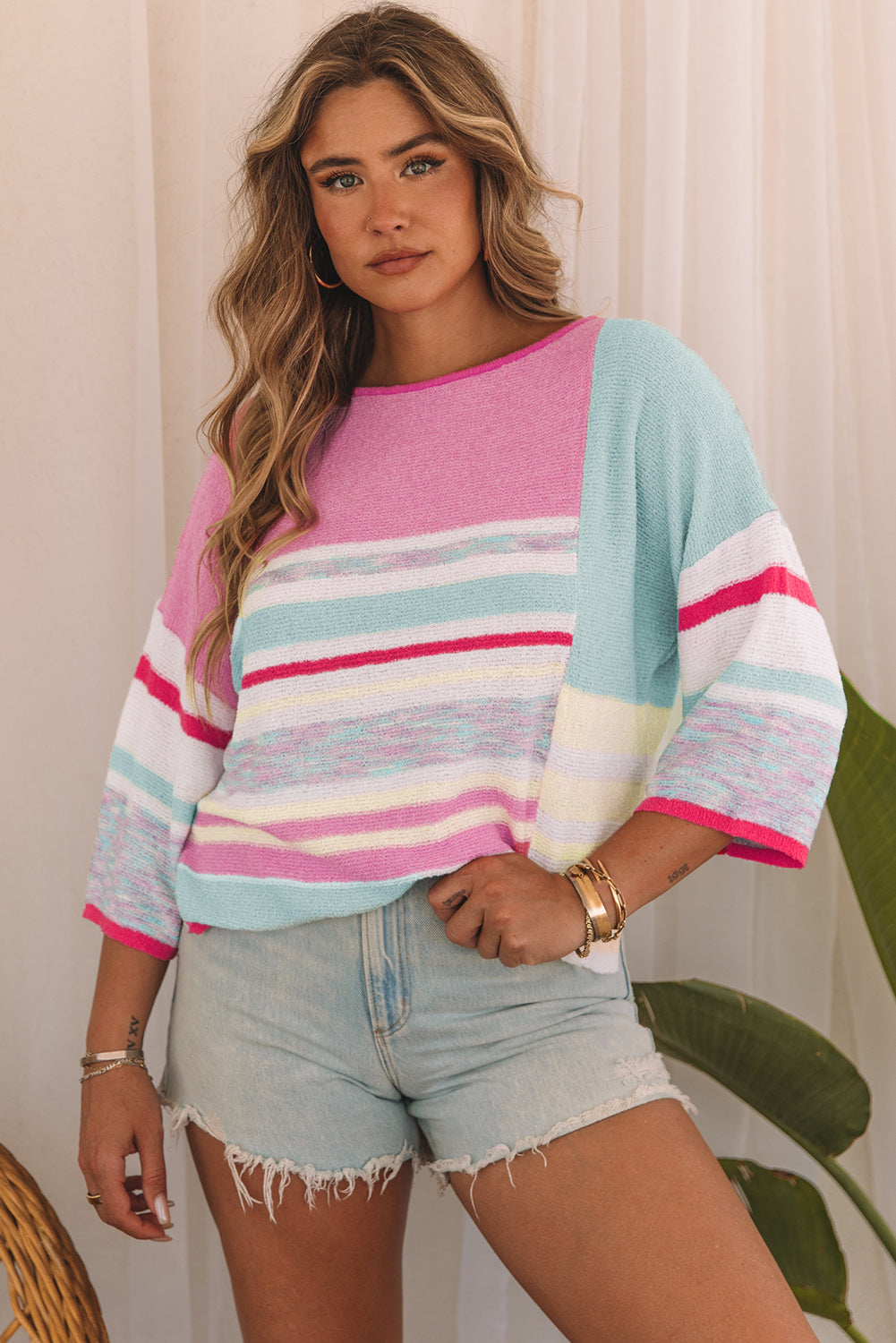 Pink Color Block Striped Three-Quarter Sleeve Knitted Top