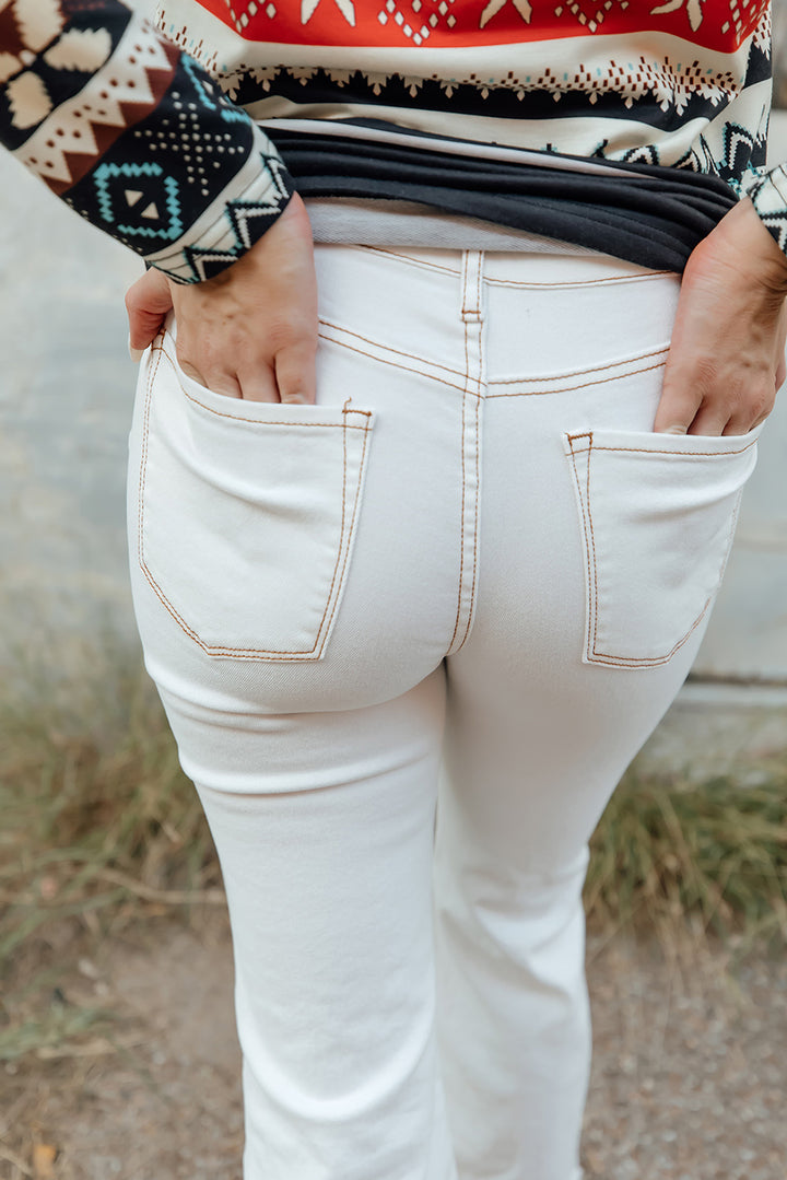 White Light Washed Distressed Slits Button Fly Flare Jeans