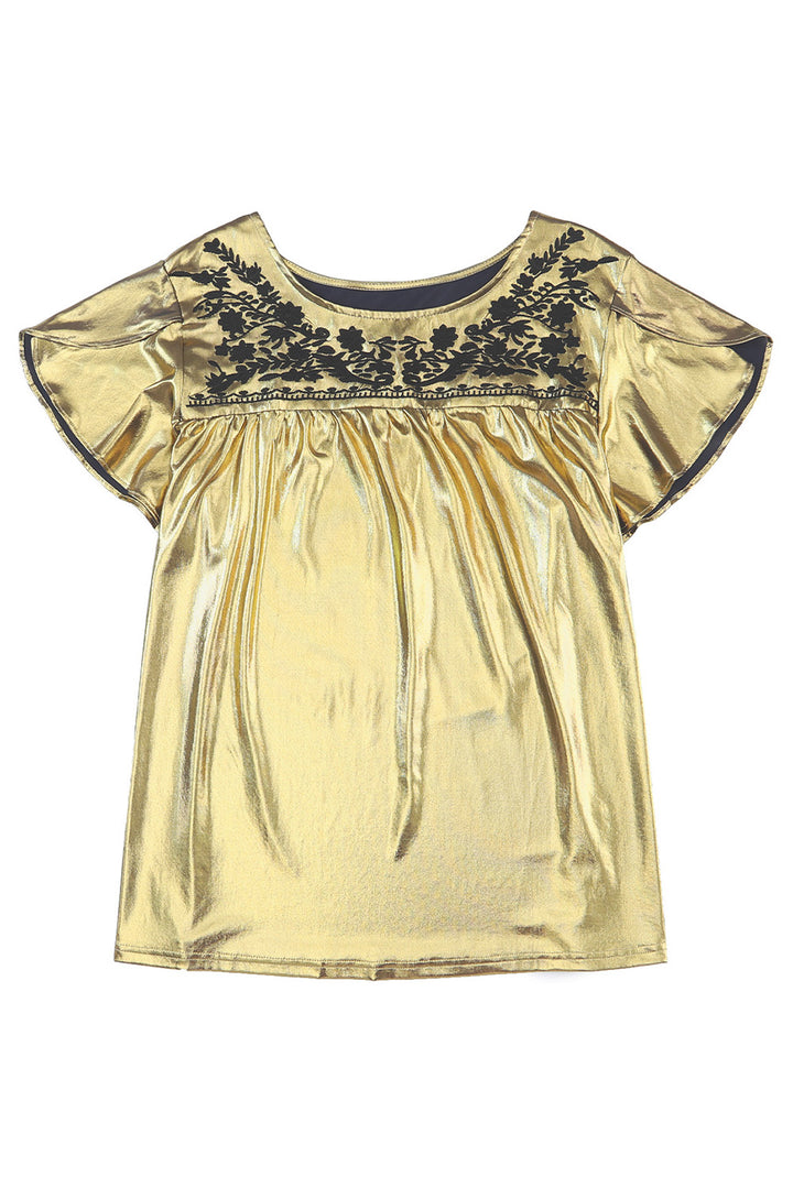 Gold Plus Size Floral Embroidered Short Sleeve Top