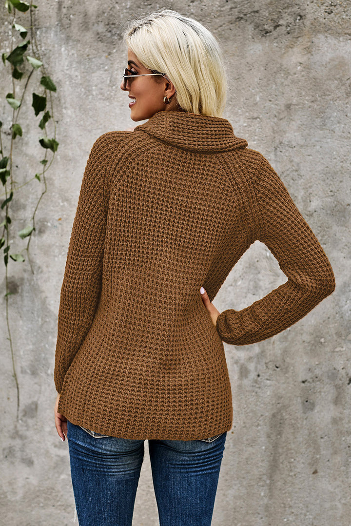 Khaki Buttoned Wrap Turtleneck Sweater