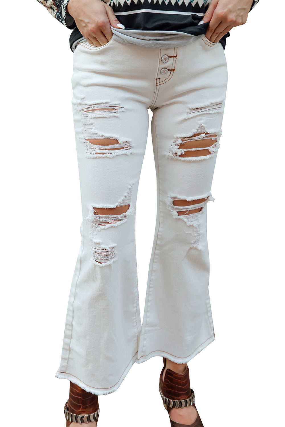 White Light Washed Distressed Slits Button Fly Flare Jeans