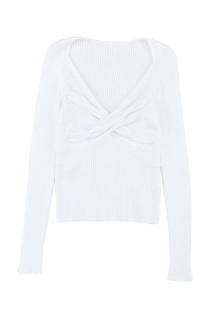 White Cable Crossed V Neck Sweater