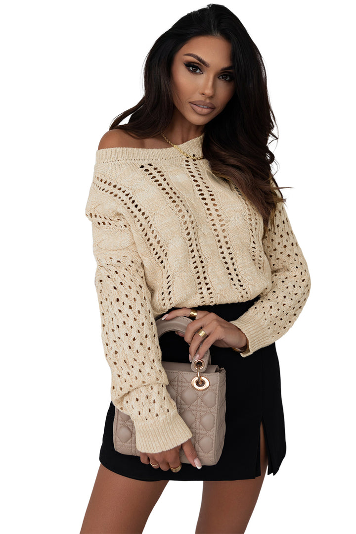 Khaki Eyelets Cable Knit Drop Shoulder Sweater