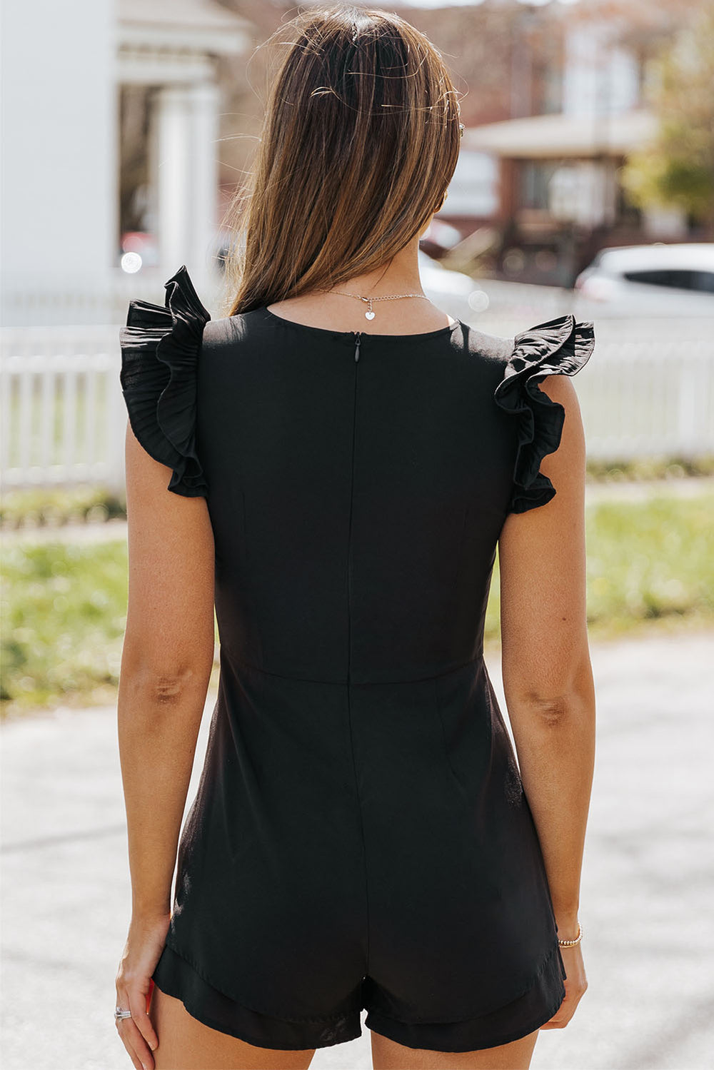 Black Ruffle Sleeves Solid Romper