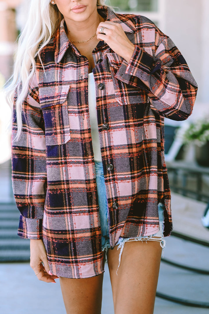 Blue Oversized Flap Pockets Plaid Shacket with Slits