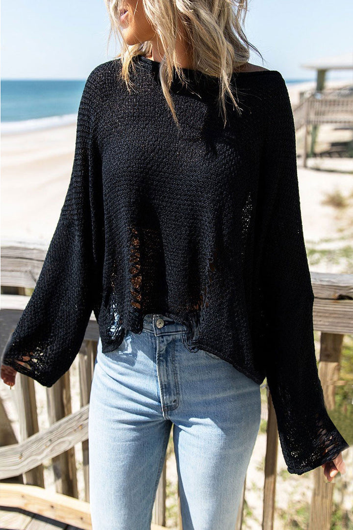 Black Distressed Boxy Fit Crop Knit Sweater