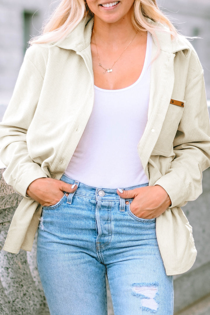 Beige Corduroy Buttoned Front Pocketed Shacket