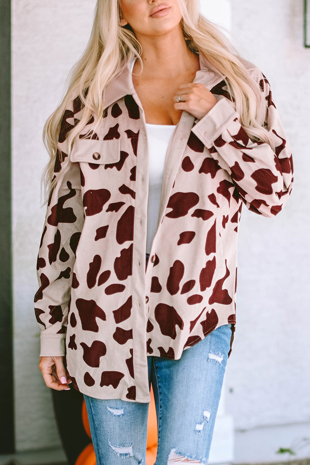 Khaki Cow Spots Printed Corduroy Shacket