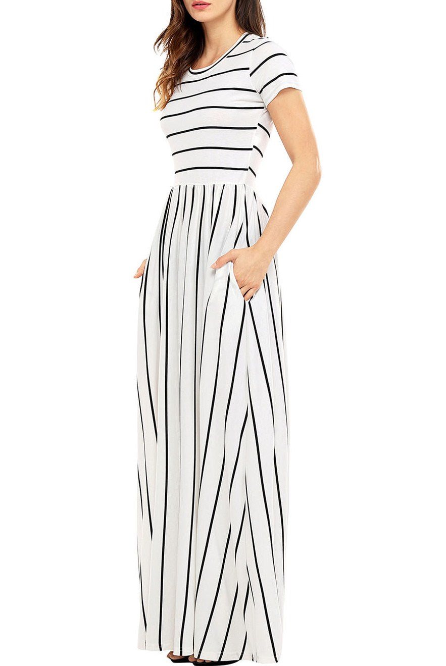 Black White Striped Short Sleeve Maxi Dress MB61634-2 – ModeShe.com