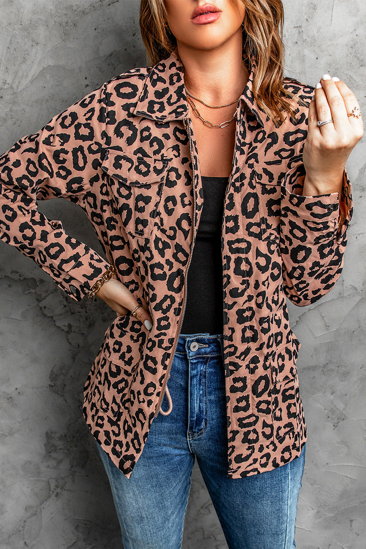 Brown Zipper Leopard Coat