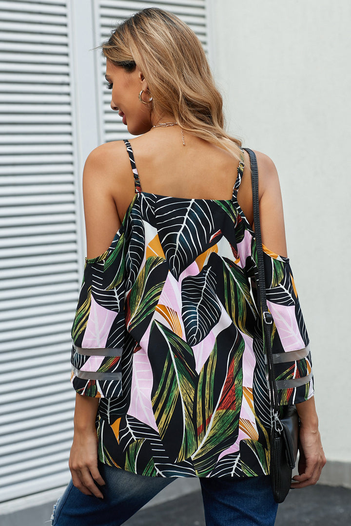 Green Palm Print Cold Shoulder Blouse