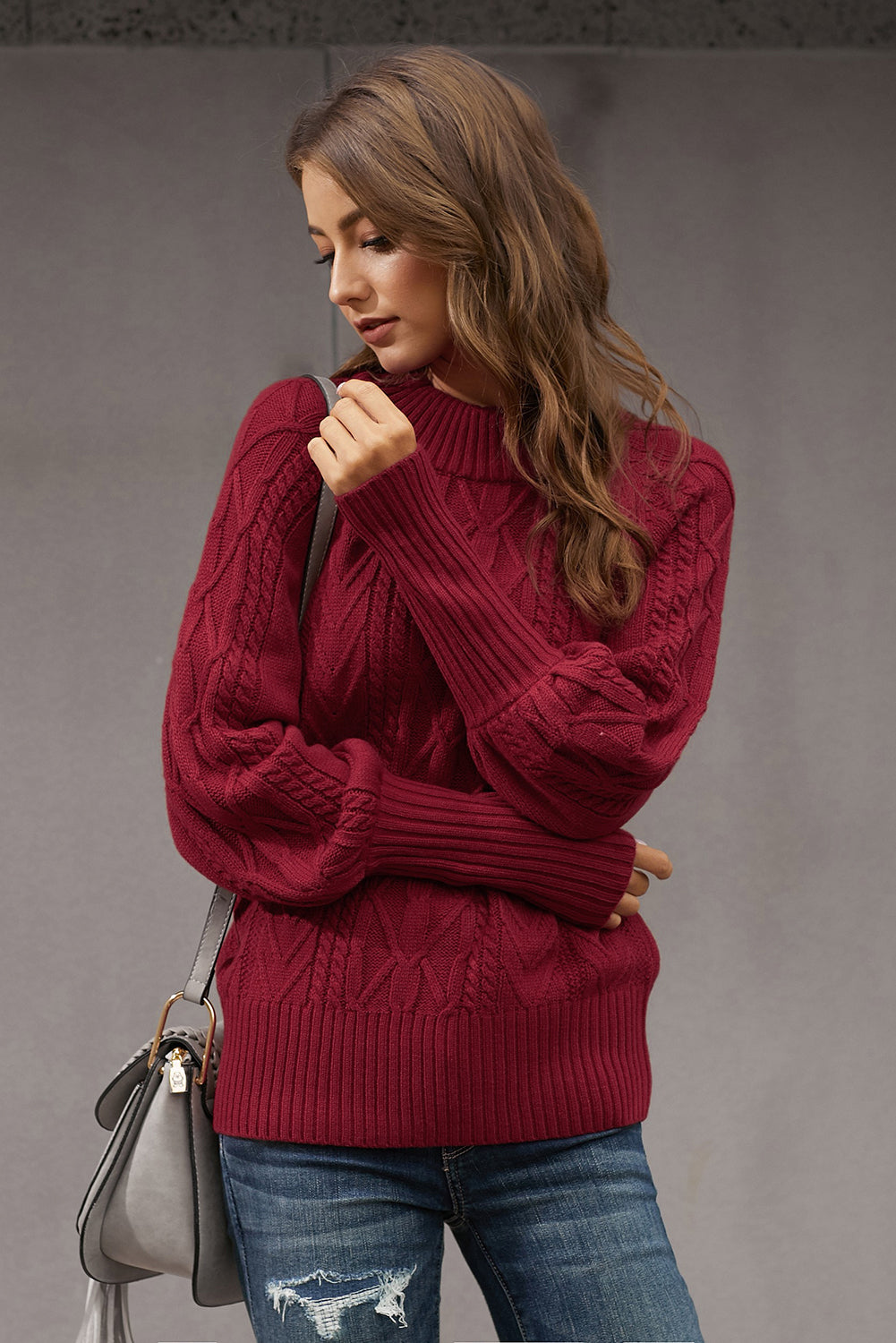 Housewarming Cable Knit Balloon Sleeve Winter Red Sweater – ModeShe.com