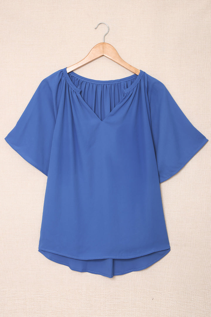 Brief Blue Split Neck Pleated Loose Blouse