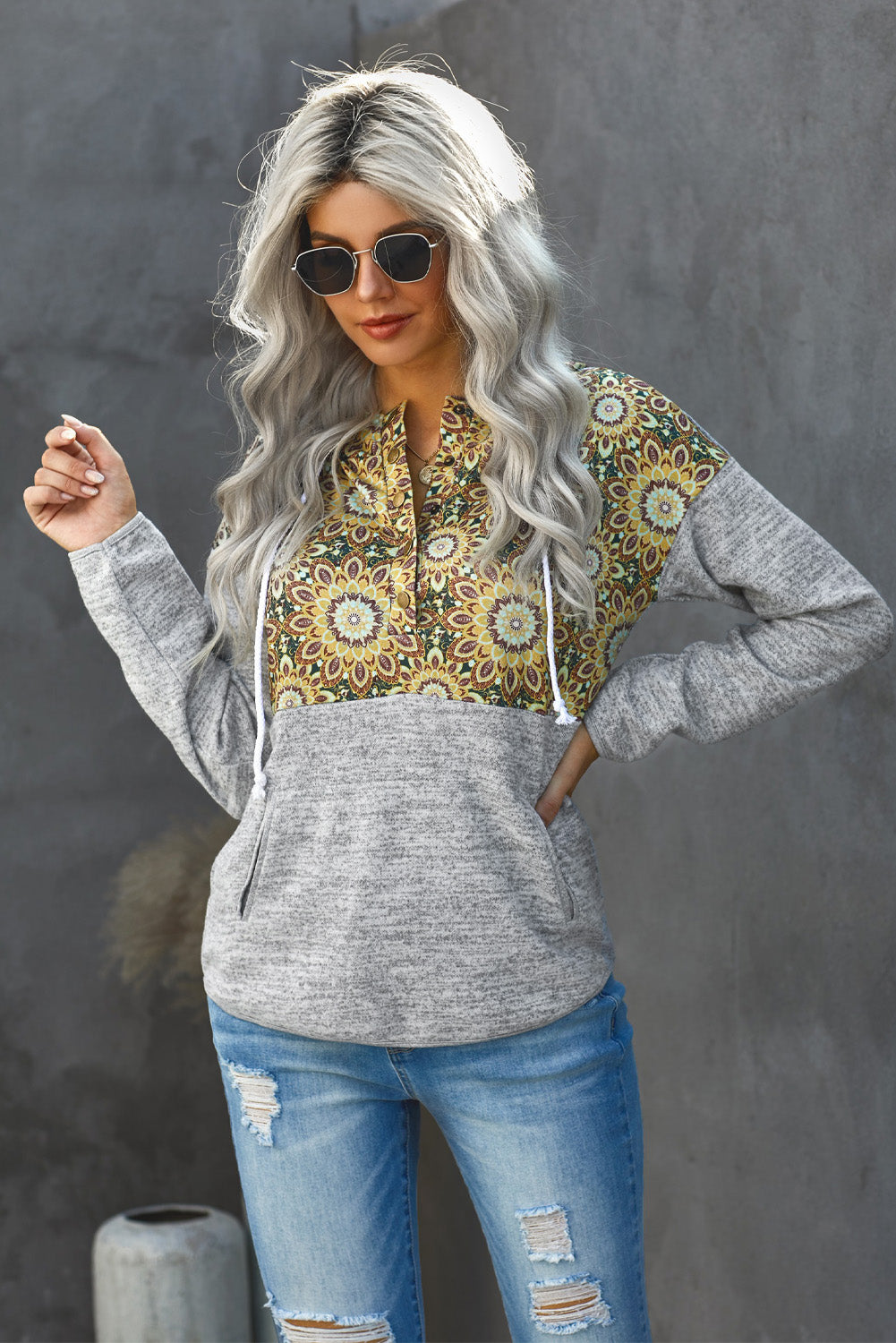 Women's Gray Tribal Print Vintage Drawstring Hoodie