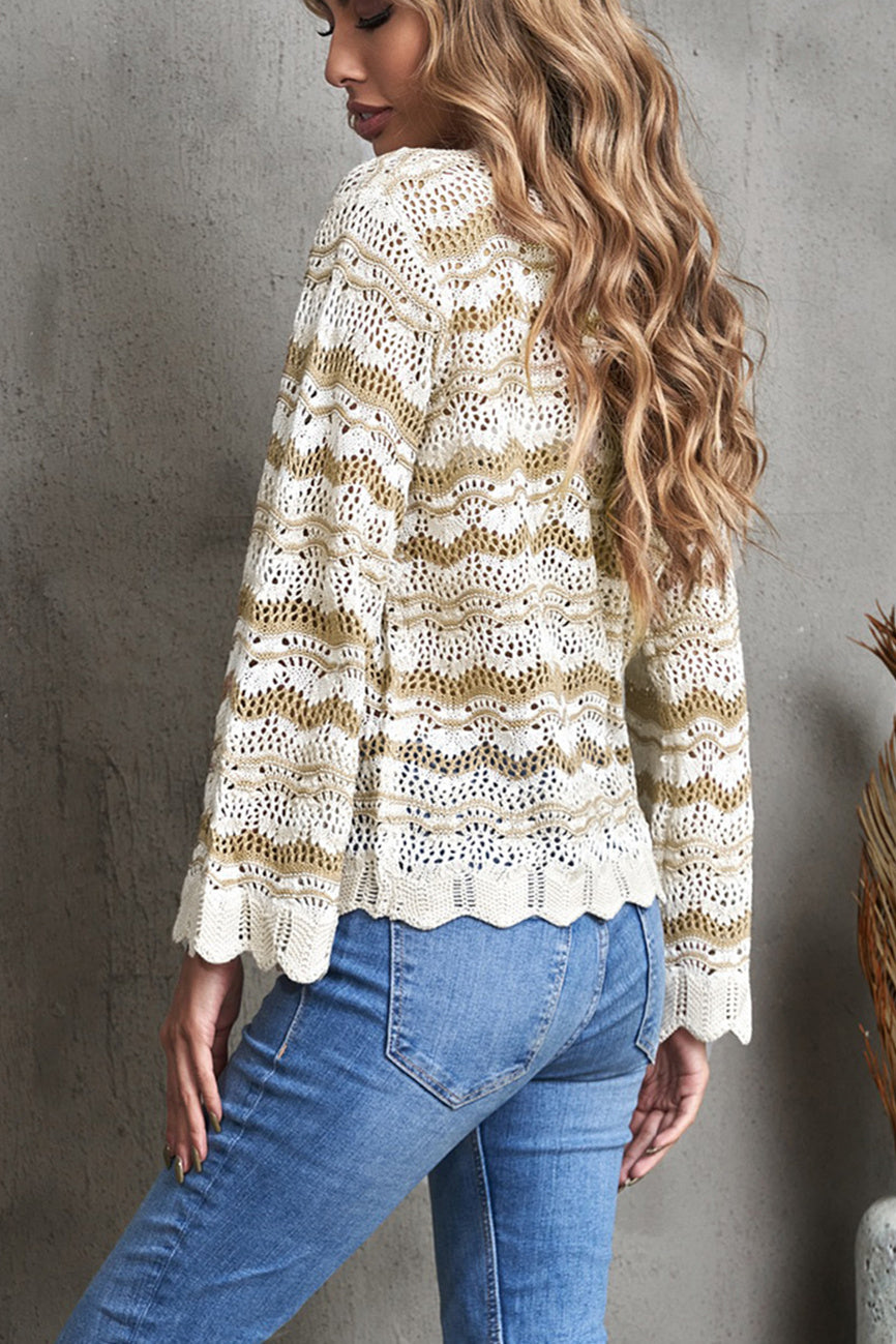 Wavy Stripe Scalloped Edge Pointelle Crochet Knit Sweater