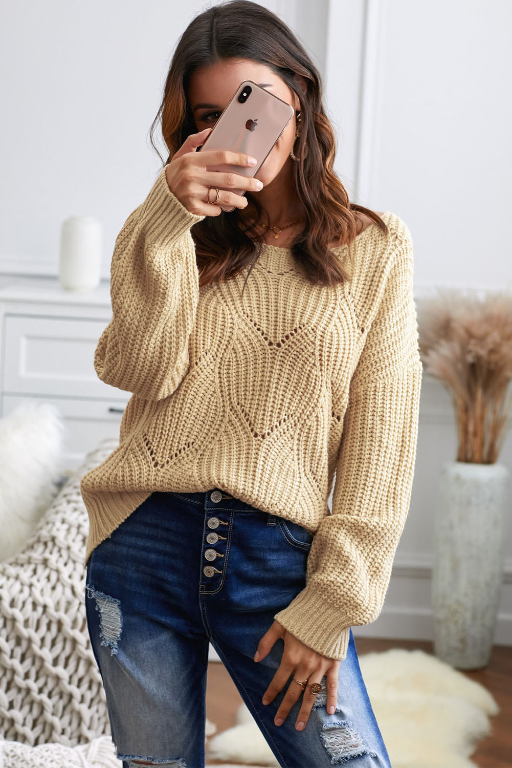 Women's Khaki Hollow-out Round Neck Knitted Sweater