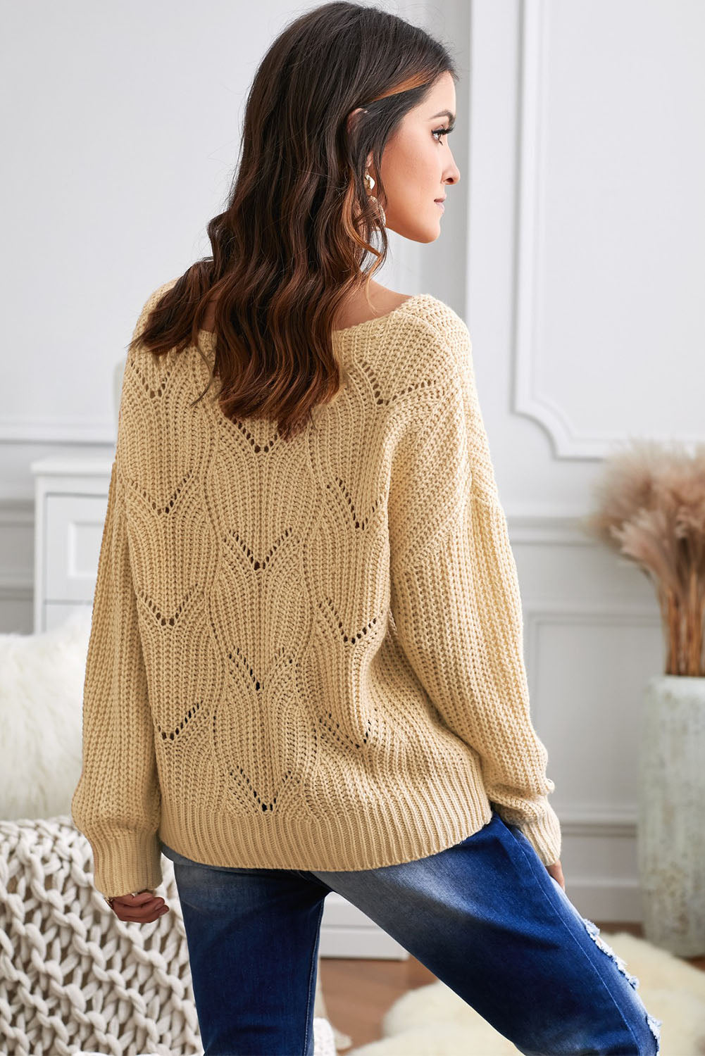 Women's Khaki Hollow-out Round Neck Knitted Sweater